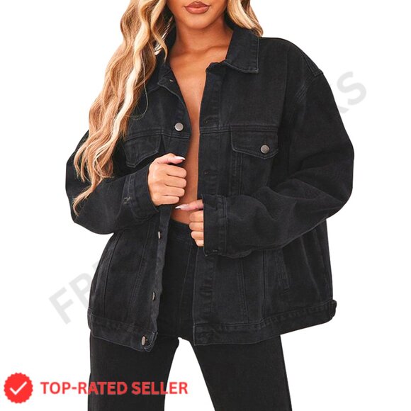 Oversized Distressed Denim Jacket Women's Button Front Long Sleeve Classic